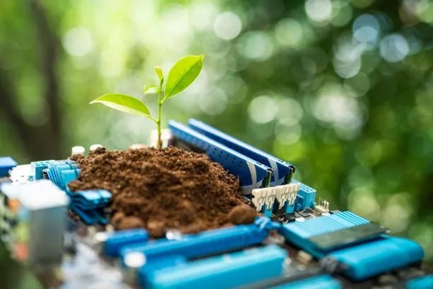 Small Plant Growing from Soil on Computer Parts, Symbolizing Eco Tech in Westmont, IL