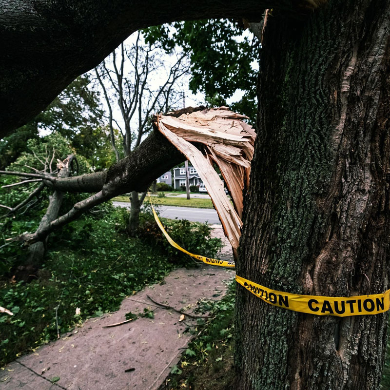 Broken Tree with Caution Tape Blocking a Sidewalk After Storm Damage in Westmont, IL